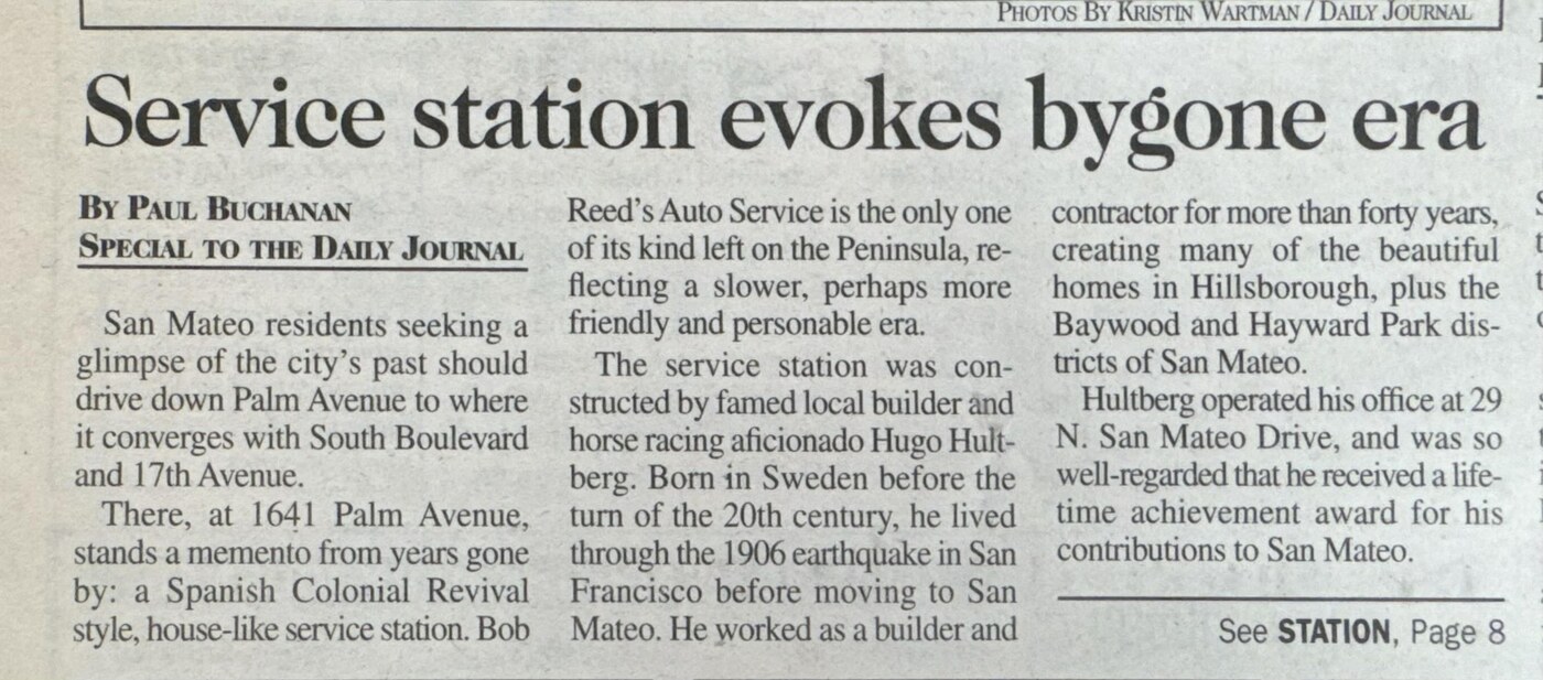 Newspaper clipping from the Daily Journal titled Service station evokes bygone era, describing the history of the building at 1641 Palm Avenue